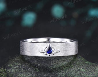 Anello da uomo con nodo celtico e zaffiro a forma di aquilone, finitura spazzolata, in oro bianco 14 carati, stile retrò, regalo di anniversario, argento.