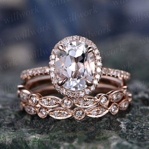 Morganite engagement ring set rose gold ring diamond halo oval 3pcs matching unique antique marquise wedding bridal promise ring set for her