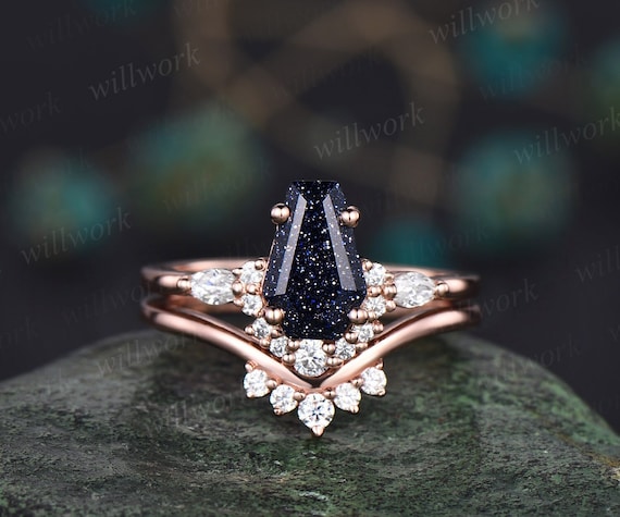 Unique Coffin Shaped Blue Goldstone Sandstone Engagement Ring Set