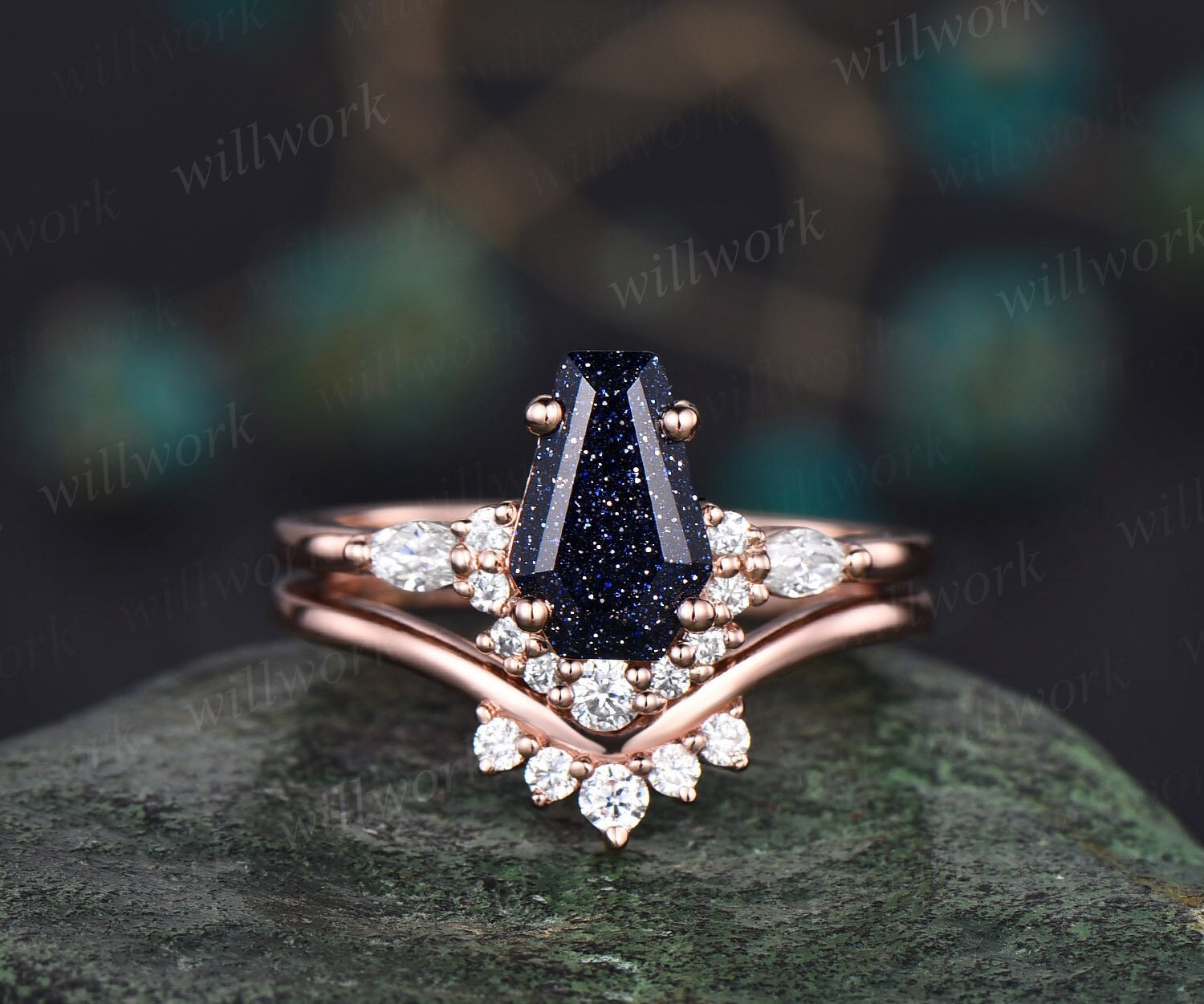 14k Gold Coffin Engagement Ring Set With Black Spinel Aug Birthstone and  Diamond Stacking Band