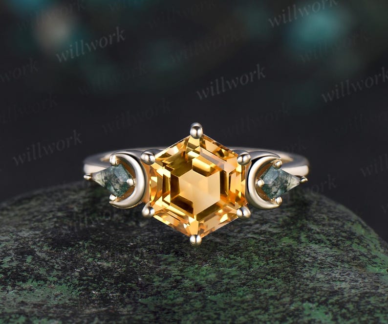 Hexagon cut citrine engagement ring yellow gold three stone moon kite moss agate ring women leaf opal wedding ring band Crystal Ring 1pc engagement ring