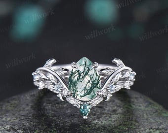 Vintage pear cut green moss agate engagement ring 14k white gold cluster leaf nature inspired aquamarine anniversary wedding ring set women