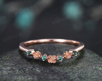 Dainty floral curved emerald wedding band solid 14k rose gold four stone stacking unique vintage bridal ring women anniversary ring gift