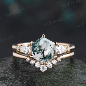 Einzigartiger Sechseckschliff Moosachat Verlobungsring Set fünf Stein Moissanit Gelbgold Ring Frauen stapelbar Versprechen Ring ihr Geschenk