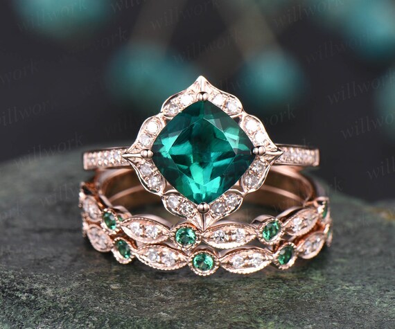 Unique Vintage Flower Halo Diamond Engagement Ring Set 3pcs | Etsy