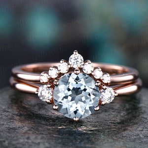 Round aquamarine ring set vintage aquamarine engagement ring set rose gold ring set moissanite ring set for women March birthstone ring gift