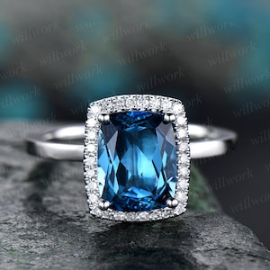 Kissen London blau Topas Verlobungsring 14 k Weißgold Diamant Halo Topas Ring gold einzigartige antike Braut Hochzeit Verlobungsring für Sie