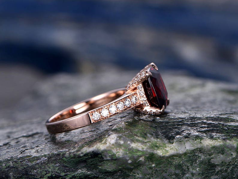 Red Garnet engagement ring-14k Rose gold-handmade diamond bridal ring-Classic Design-8mm Cushion Cut gemstone promise ring-Bezel Gold