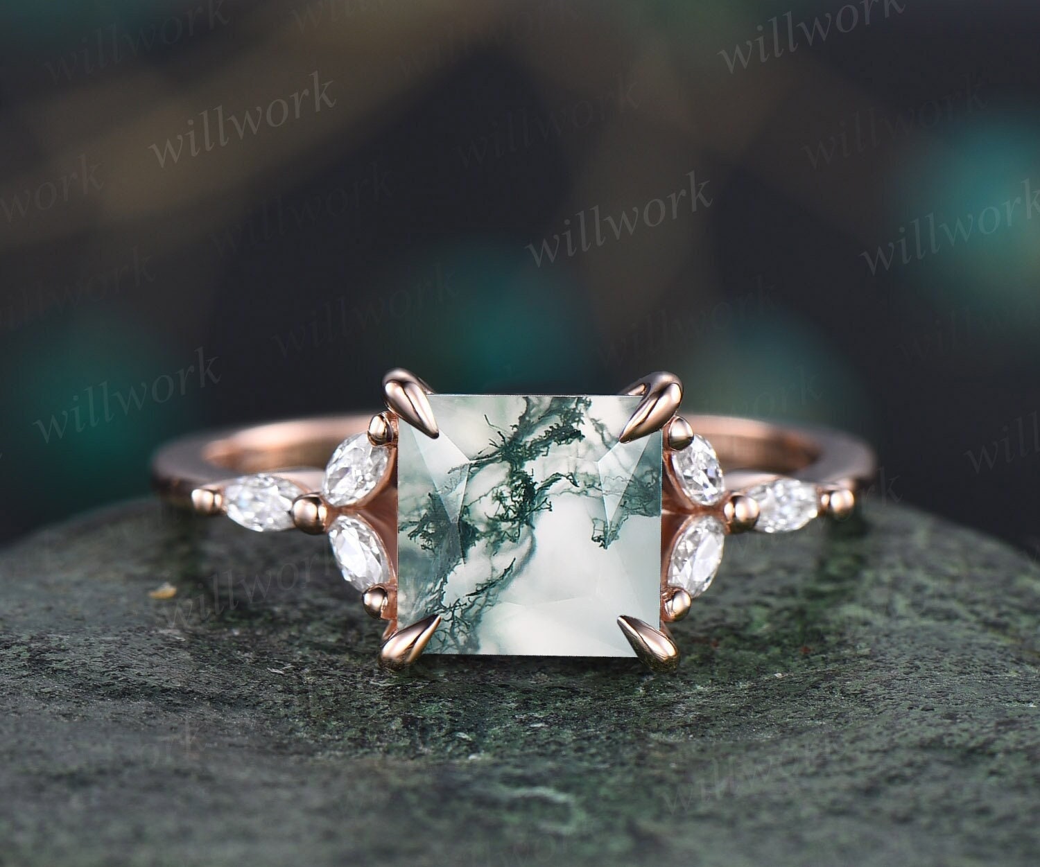 2ct Princess Cut Moss Agate Ring Rose Gold Vintage Green Moss Agate  Engagement Ring Cluster Art Deco Diamond Ring Promise Wedding Ring Women -   Canada