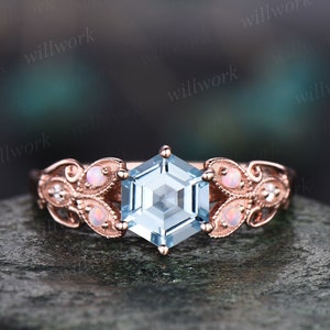 Hexagon aquamarine ring gold silver for women vintage unique aquamarine engagement ring butterfly art deco antique opal diamond wedding ring