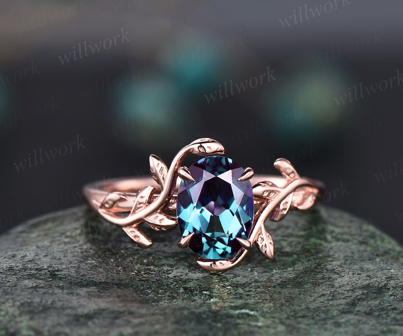 Vintage Alexandrite engagement ring leaf flower 14k rose gold ring oval cut color change Alexandrite ring for women sterling silver jewelry 