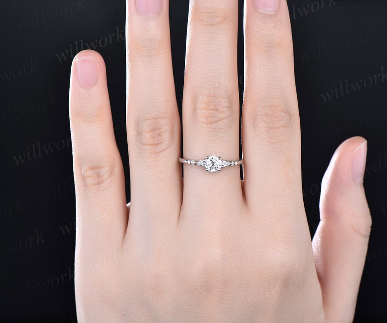 Round moissanite ring vintage moissanite engagement ring 14k white gold dainty minimalist pear diamond ring promise wedding ring women gifts image 3