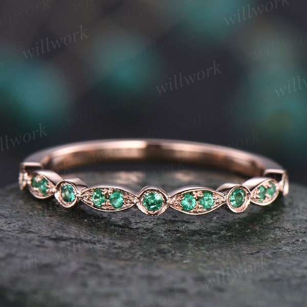 Natural emerald ring vintage art deco half eternity natural emerald wedding band for women solid 14k rose gold ring emerald jewelry gift