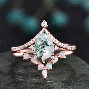 Pear shaped green moss agate ring cluster engagement ring set 14k rose gold moissanite opal ring women unique bridal anniversary ring set