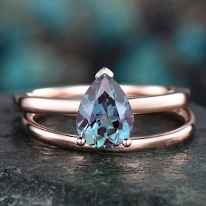 Solitaire Alexandrite engagement ring set color change Alexandrite ring vintage yellow gold June birthstone wedding women bridal ring set