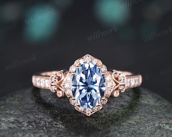 Oval cut blue moissanite engagement ring 14k rose gold halo diamond half eternity vintage wedding promise ring women jewelry