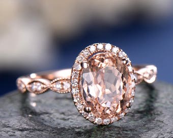 Vintage pink morganite engagement ring art deco moissanite ring marquise ring set halo ring rose gold bridal ring oval cut wedding ring gift