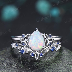 Pear shaped white opal ring vintage celtic knot unique engagement ring leaf sapphire bridal anniversary ring set jewelry gift for women