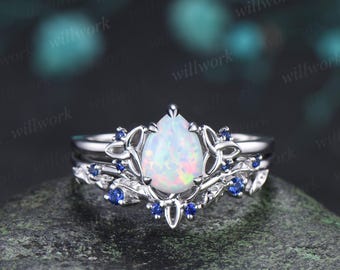 Pear shaped white opal ring vintage celtic knot unique engagement ring leaf sapphire bridal anniversary ring set jewelry gift for women
