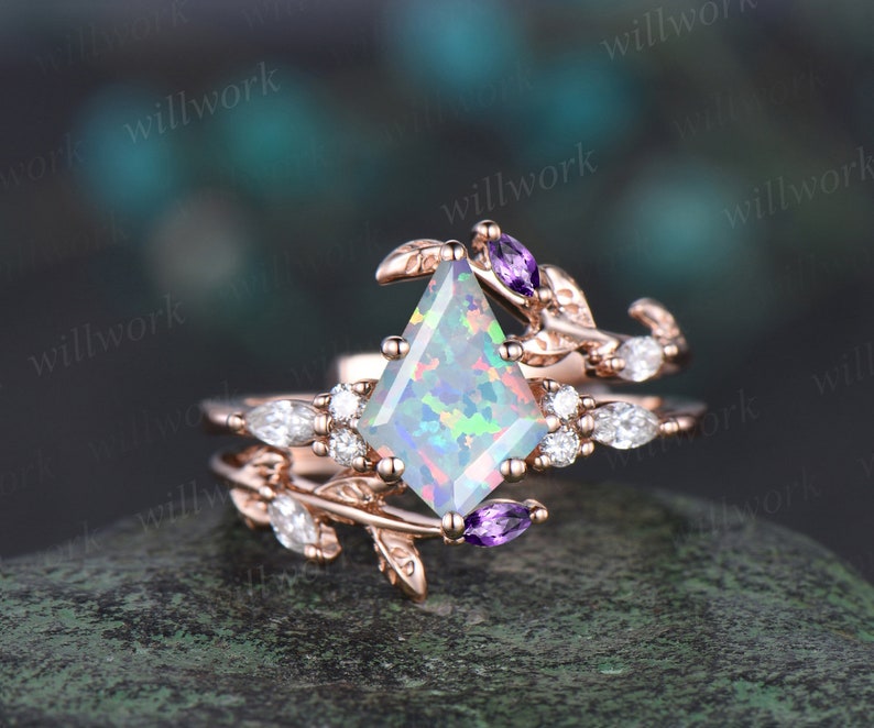 Unique kite cut white opal engagement ring twig leaf rose gold diamond amethyst wedding band enhancer anniversary ring women gift image 1