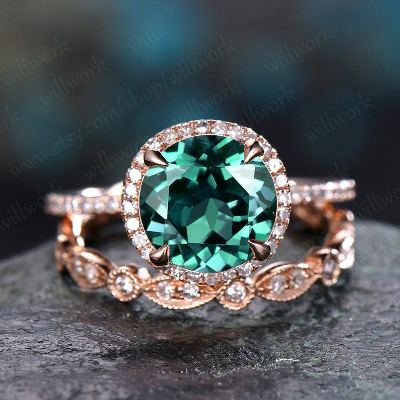 Emerald Ring Vintage Emerald Engagement Ring Set Rose Gold | Etsy