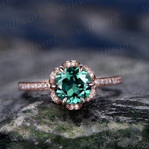 7mm emerald ring vintage emerald engagement ring 14k rose gold ring real diamond halo ring unique antique floral bridal wedding promise ring
