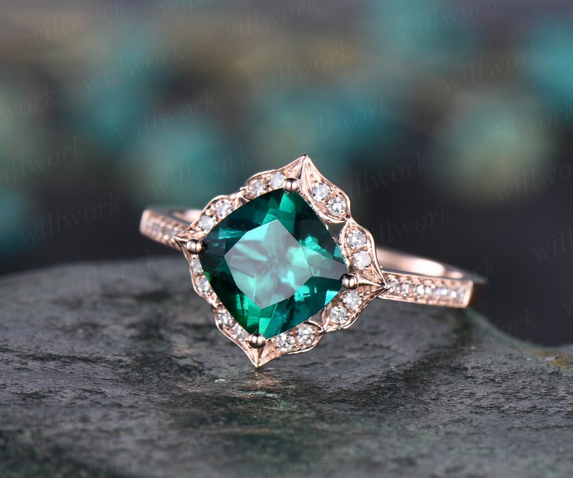 Cushion Cut Emerald Ring Gold Vintage Emerald Engagement Ring - Etsy