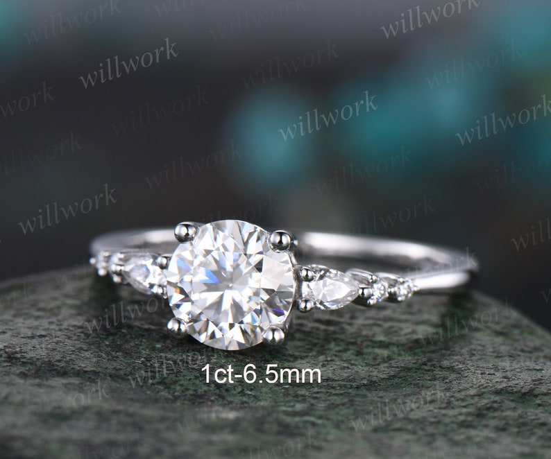Round moissanite ring vintage moissanite engagement ring 14k white gold dainty minimalist pear diamond ring promise wedding ring women gifts image 7