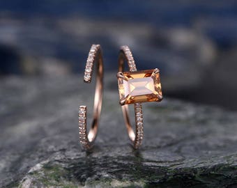 Citrine engagement ring set-Solid 14k rose gold-handmade Diamond Wedding ring-2PC Stacking ring-6x8mm emerald cut gemstone-yellow birthstone