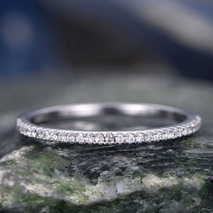 Diamond wedding ring-Solid 14k white gold -handmade diamond stacking ring-half eternity- 1mm thin Matching band-tiny round cut stones