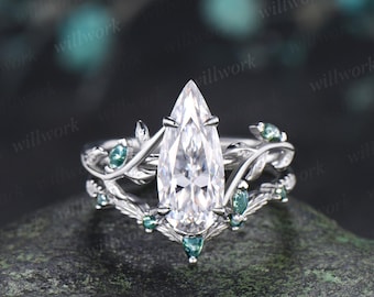2ct Long pear teardrop moissanite engagement ring leaf solid 14k white gold moss agate unique wedding promise ring set women silver