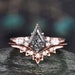 Vintage black rutilated quartz engagement ring 14k rose gold kite cut ring art deco moissanite ring for women unique bridal wedding ring set
