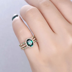 Emerald ring vintage unique oval emerald engagement ring set rose gold halo diamond ring for women marquise milgrain wedding ring set band image 7