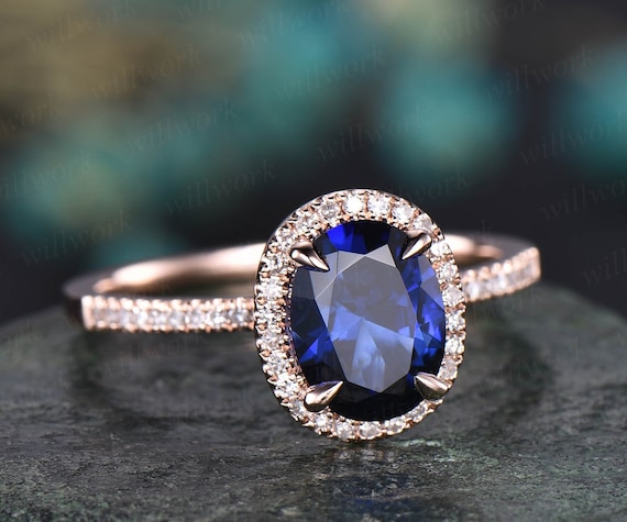 7x9mm Oval Blue Sapphire Engagement Ring 14k Rose Gold Real