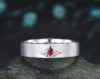Anello nuziale da uomo in oro bianco 14 carati con rubino rosso taglio a aquilone e nodo celtico, finitura spazzolata, regalo retrò per anniversario, argento