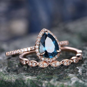 2pcs Pear cut London blue topaz engagement ring set rose gold topaz ring gold handmade diamond matching wedding November birthstone ring set