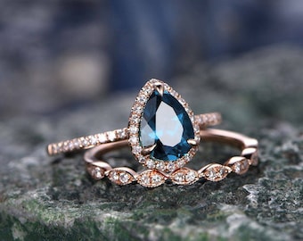 2pcs Pear cut London blue topaz engagement ring set rose gold topaz ring gold handmade diamond matching wedding November birthstone ring set