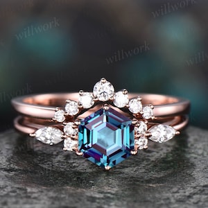 Color change Alexandrite ring set for women hexagon Alexandrite engagement ring set vintage art deco rose gold moissanite wedding ring set