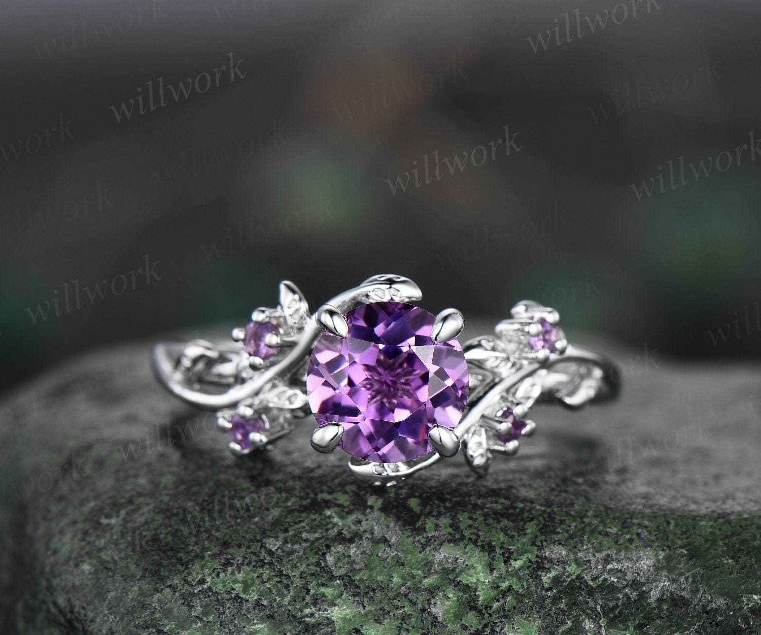 Vintage 1ct Round Purple Amethyst Engagement Ring Leaf 14k White