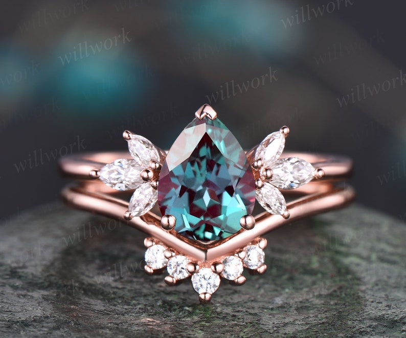 Päronformad Alexandritringset för kvinnor vintage Alexandrit förlovningsringset unik jubileumsringset marquise moissanitringset present bild 1
