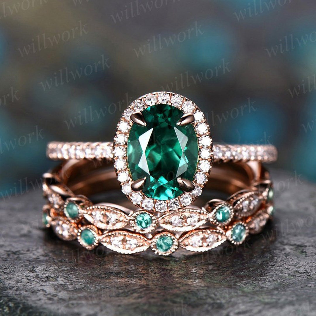 Emerald Ring Vintage Unique Oval Emerald Engagement Ring Set Rose Gold ...