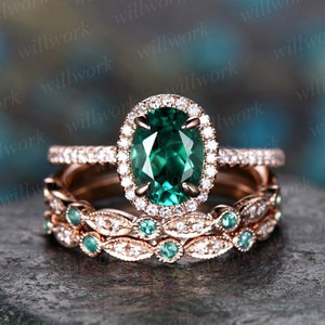 Emerald ring vintage unique oval emerald engagement ring set rose gold halo diamond ring for women marquise milgrain wedding ring set band image 1