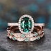 Emerald ring vintage unique oval emerald engagement ring set rose gold halo diamond ring for women marquise milgrain wedding ring set band 