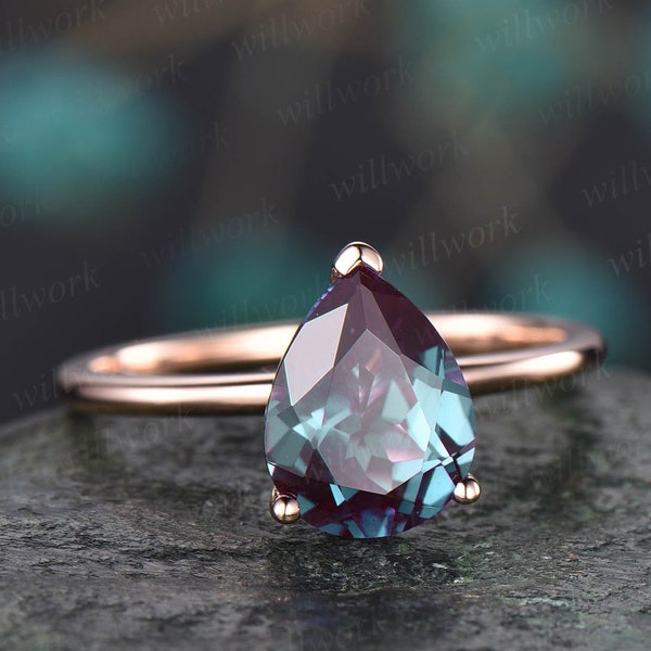 7x9mm pear Alexandrite solitaire ring solid rose gold ring Alexandrite engagement ring anniversary birthday gift wedding bridal ring jewelry