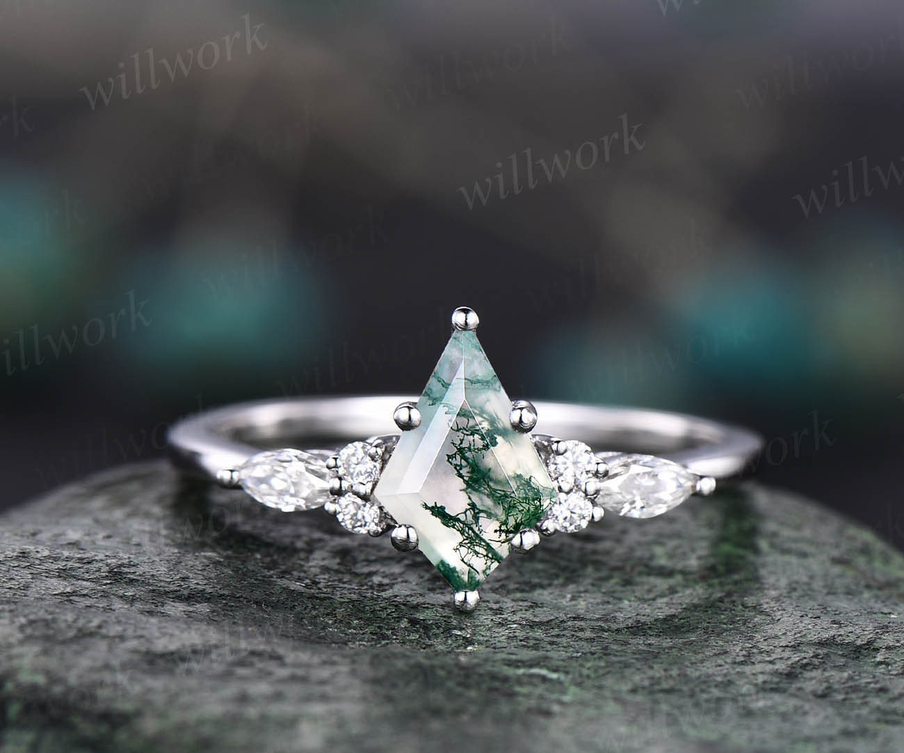 Vintage Kite Cut Green Moss Agate Engagement Ring Set 14k Vintage Kite Cut Green Moss Agate Engagement Ring Set 14k