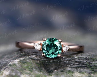 Three stone emerald engagement ring rose gold emerald ring gold diamond ring may birthstone antique Lab emerald wedding bridal promise ring