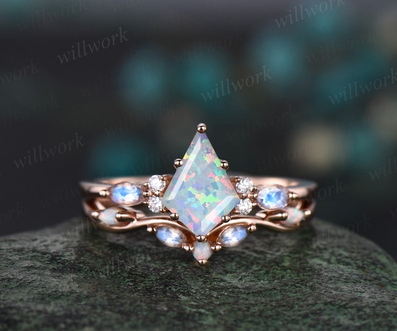 Kite cut white opal engagement ring rose gold marquise cut moonstone ring women moissanite anniversary wedding bridal ring set jewelry 2pc ring set