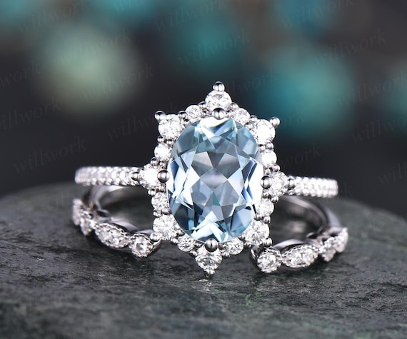 Cluster Moissanite Halo Ring 2pc Aquamarine Engagement Ring Set