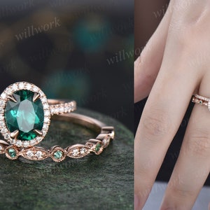 Emerald ring vintage unique oval emerald engagement ring set rose gold halo diamond ring for women marquise milgrain wedding ring set band image 9