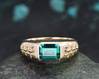 Bezel emerald cut emerald engagement ring mens vintage east to west solitaire solid 14k yellow gold wedding band men jewelry